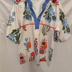 Boho Floral Women's Blouse with Blue Accents